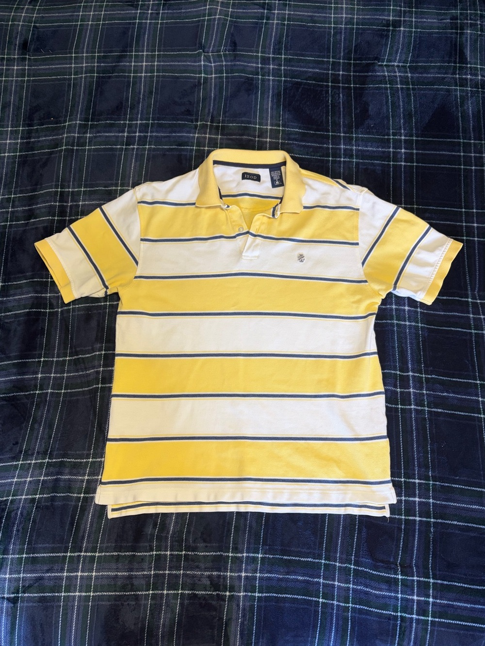 2000s style Yellow/white/navy striped Izod polo shirt. 100% cotton! Size S.